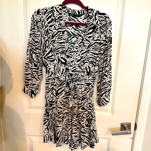 Zara Black and White Fit and Flare Long Sleeve Dress